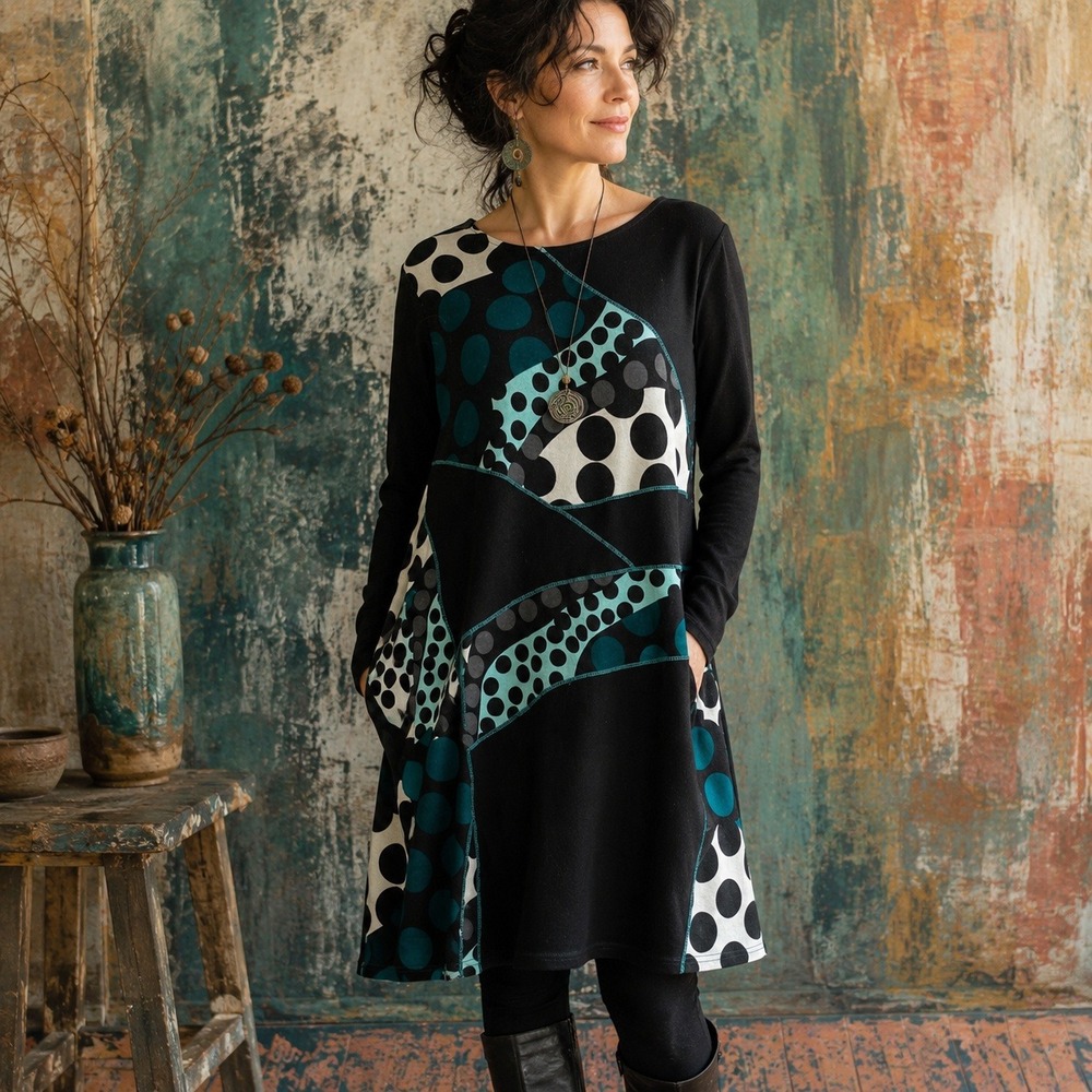 Serengeti Womens Polka Dot Patchwork Artsy Tunic Dress Sz M Black Teal Stretch
